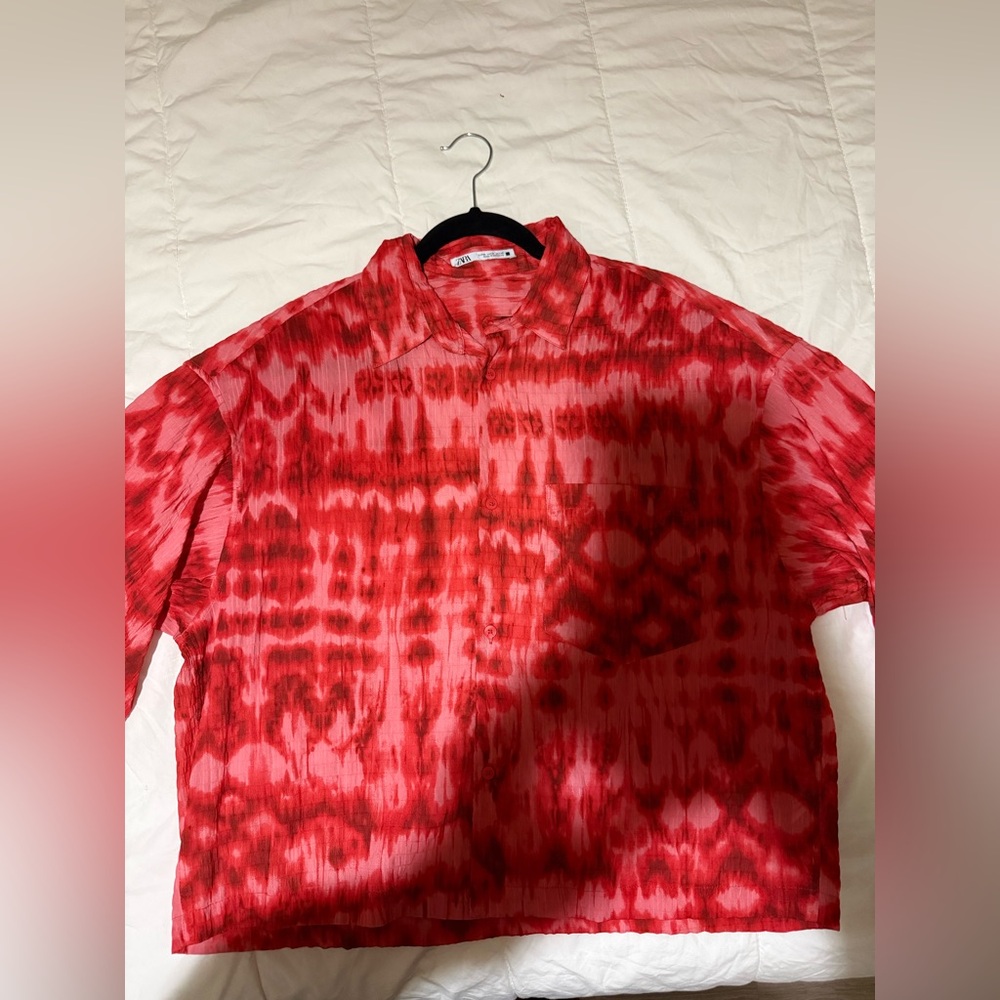 Zara Vibrant Red Patterned Button-Down Shirt